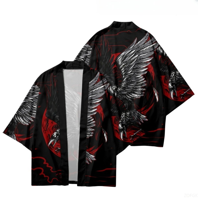 Street Fashion Kimono - Fashion Crow Printed Open Front Kimono