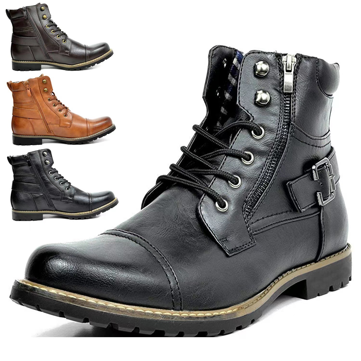 Street Fashion Look - Men's Multi-Color Leather Ankle Boots Lace-Up