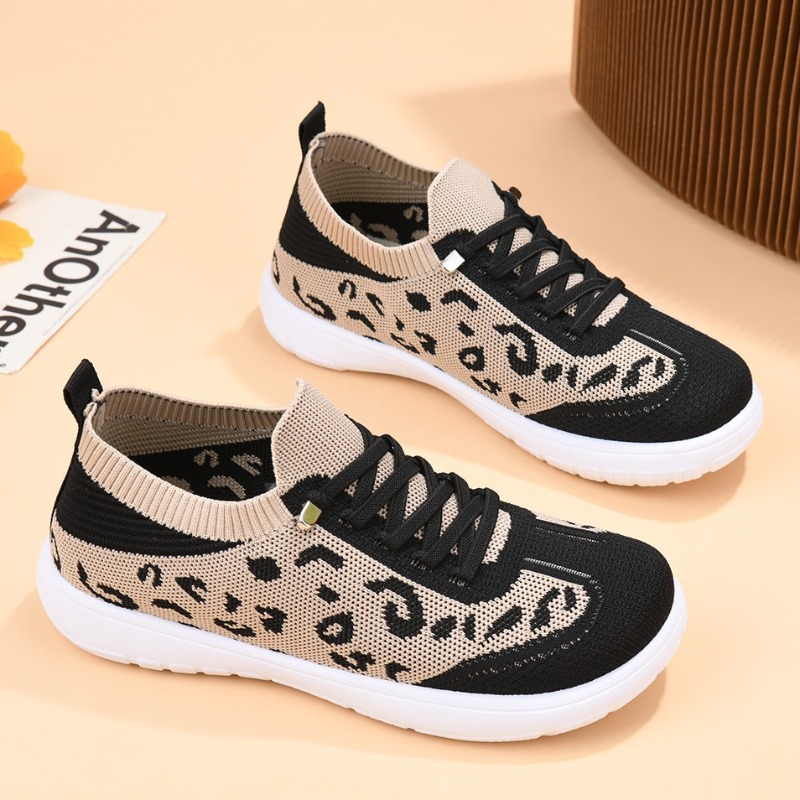 Mesh Top Layering - Women Lace‑up Leopard Knit Mid‑top Sneakers