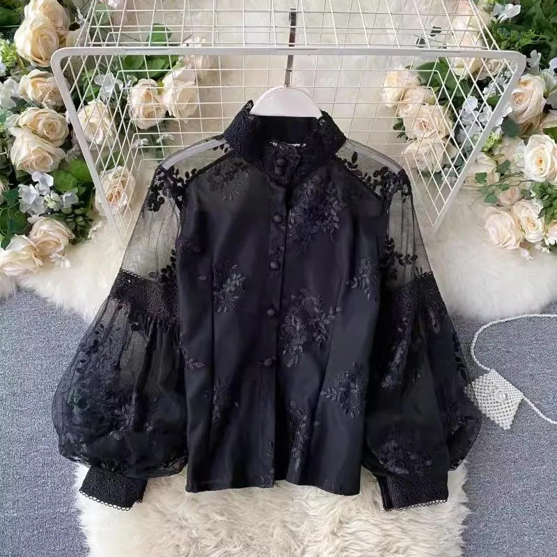 Mesh Top Layering - French Vintage Mesh Lace Blouse Women