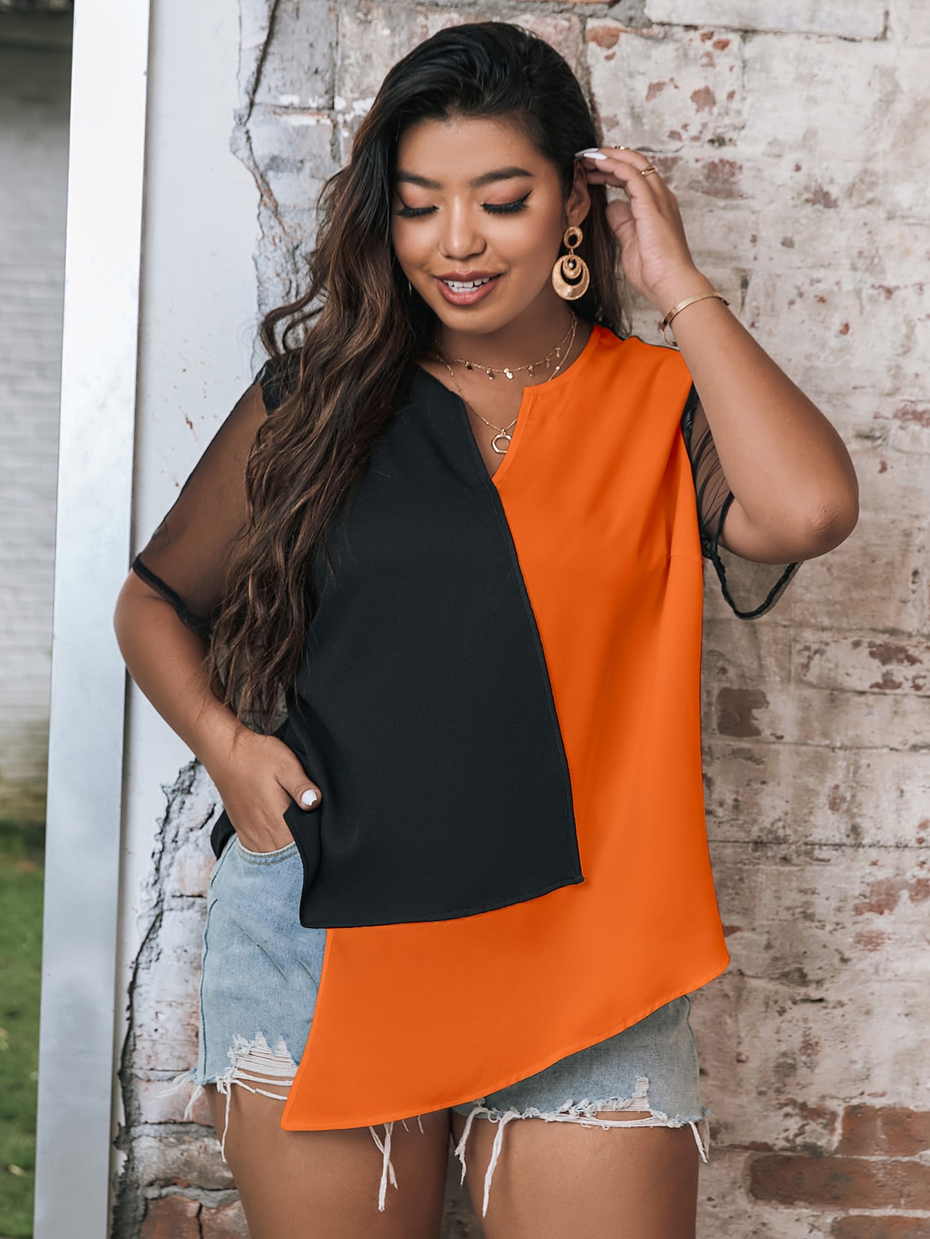 Plus Size Women Color Block Bl - Mesh Top Layering recension och pris